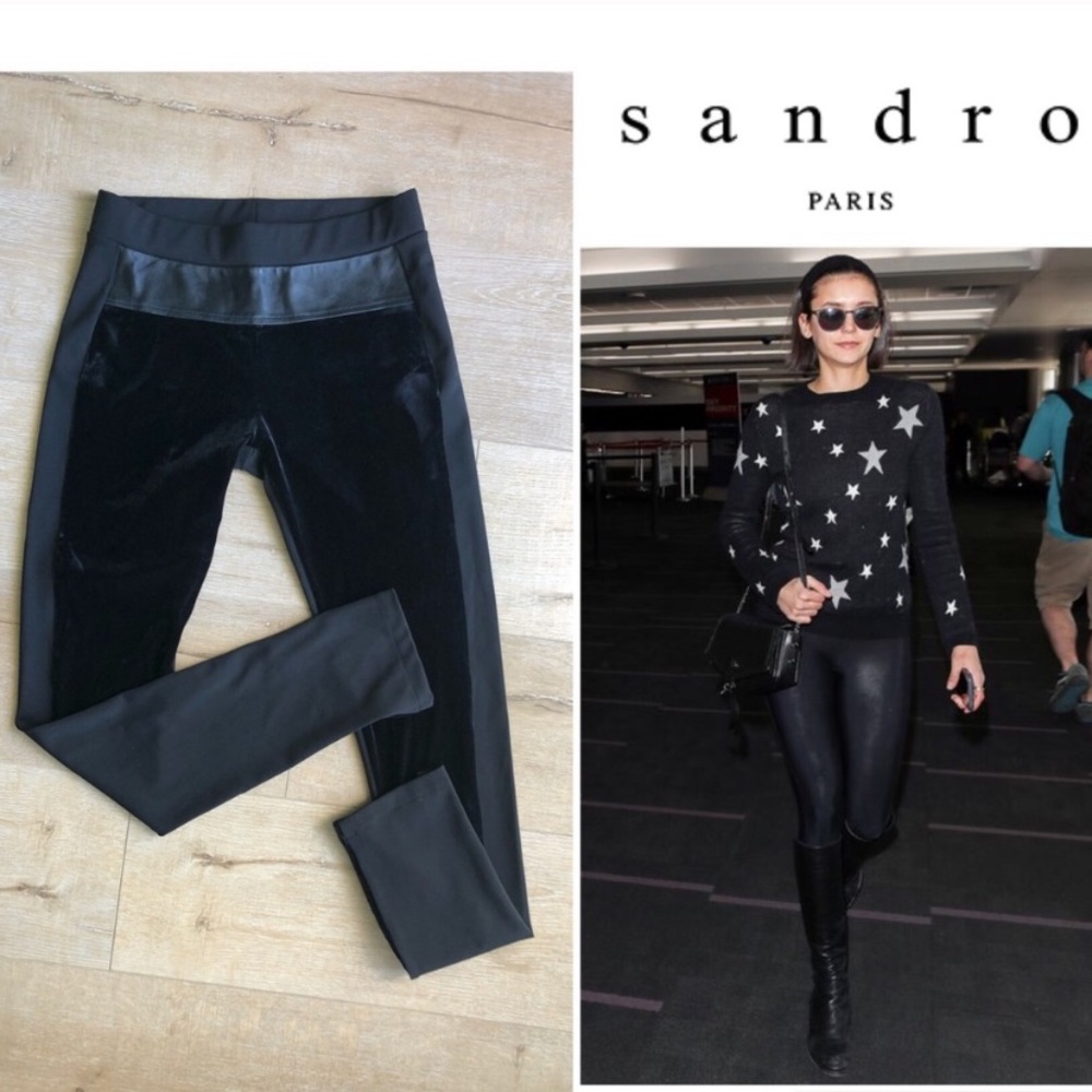 Sandro Black Leather & Velvet Leggings
